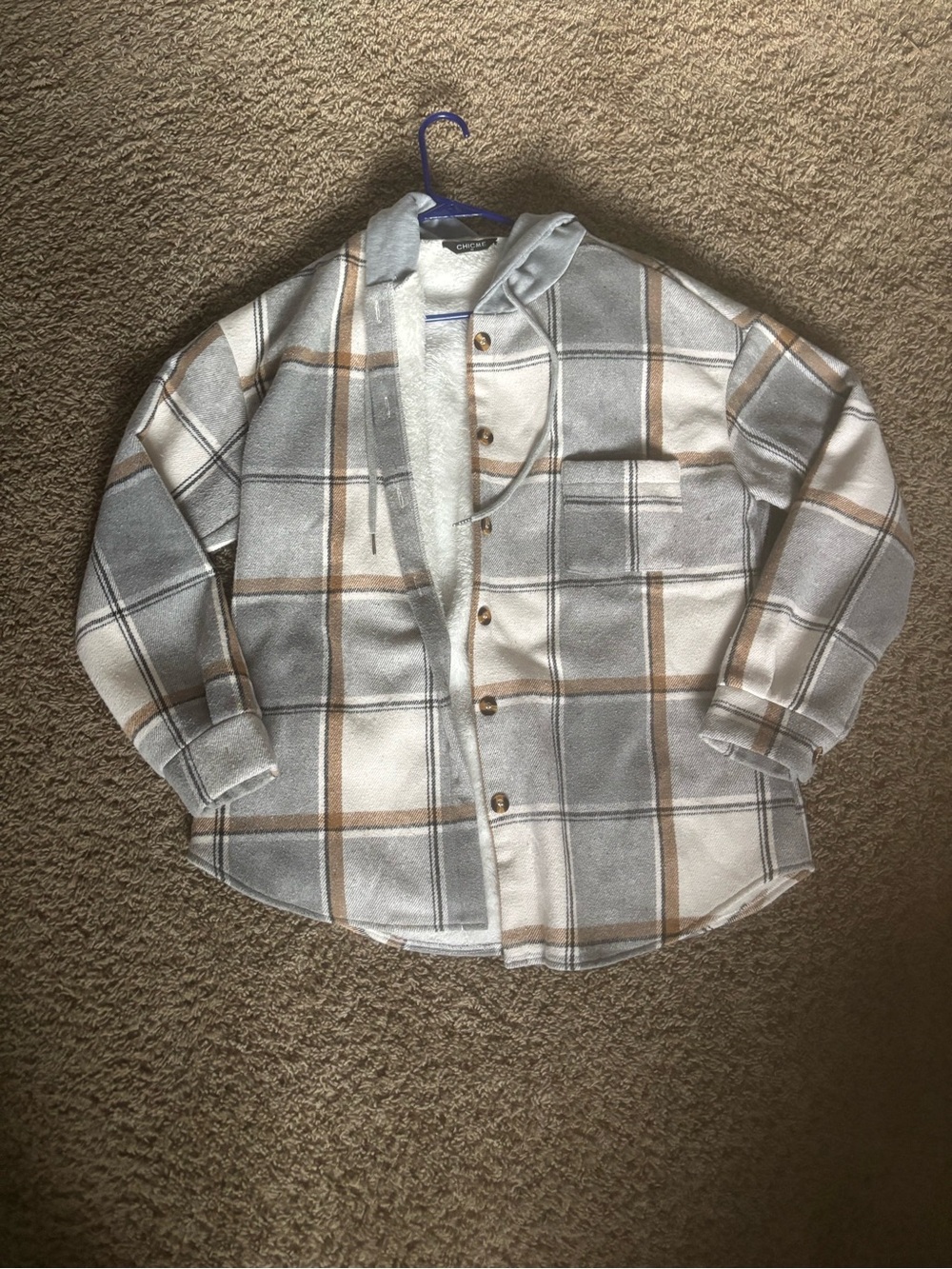 Cozy Plaid Hooded Shacket in Gray, White & Brown